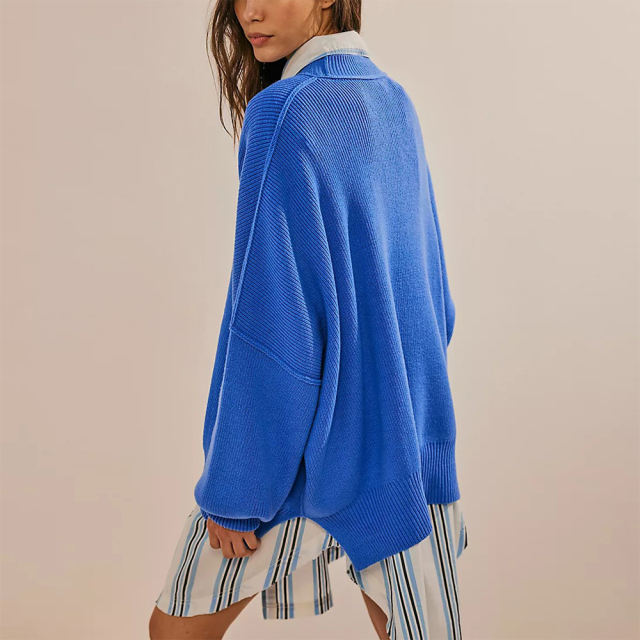 Blue Crew Neck Pullover Slit Knit Sweater