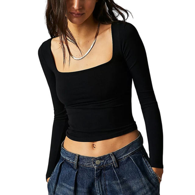 Black Square Neck Long Sleeve Crop Tops