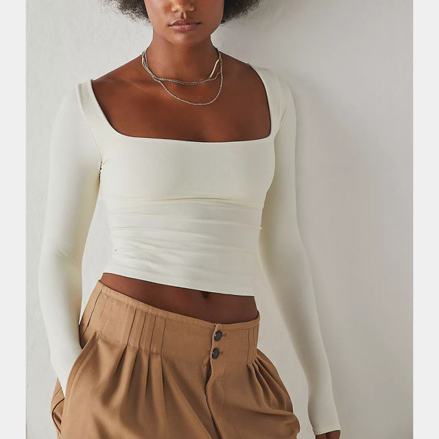 White Square Neck Long Sleeve Crop Tops