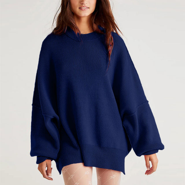Dark Blue Crew Neck Pullover Slit Knit Sweater