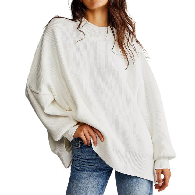 White Crew Neck Pullover Slit Knit Sweater