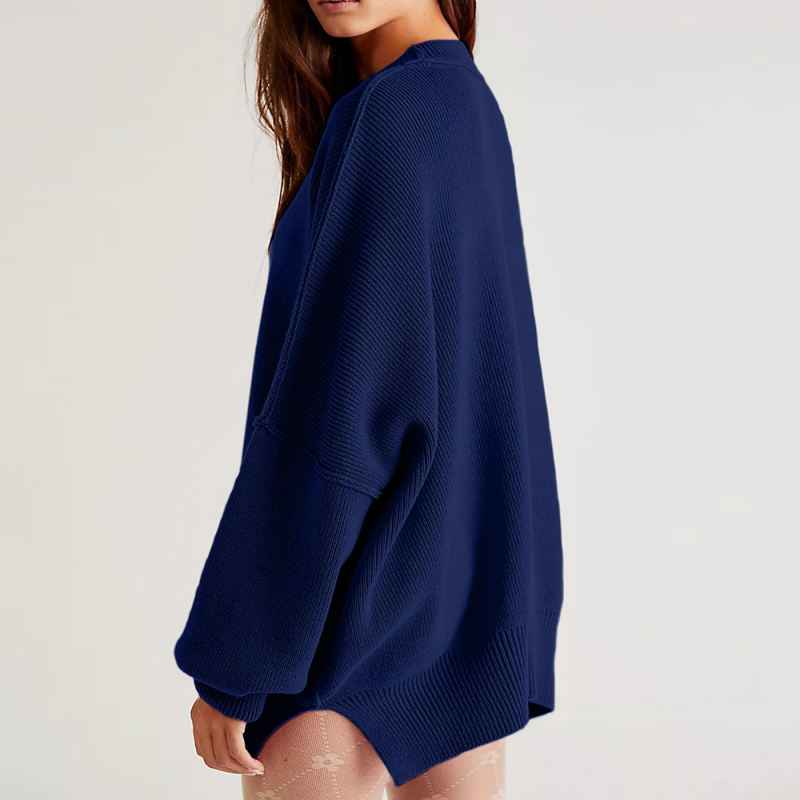 Dark Blue Crew Neck Pullover Slit Knit Sweater