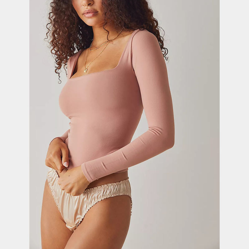 Pink Square Neck Long Sleeve Crop Tops