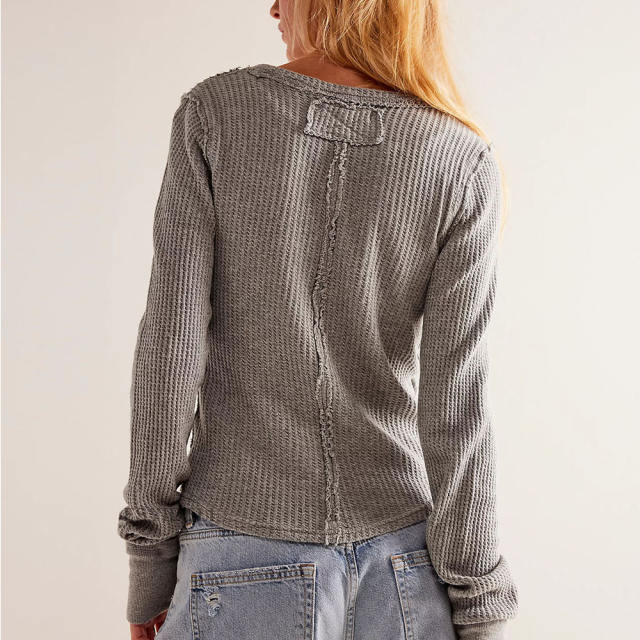 Grey Solid Color Slim Fit Long Sleeve Tops