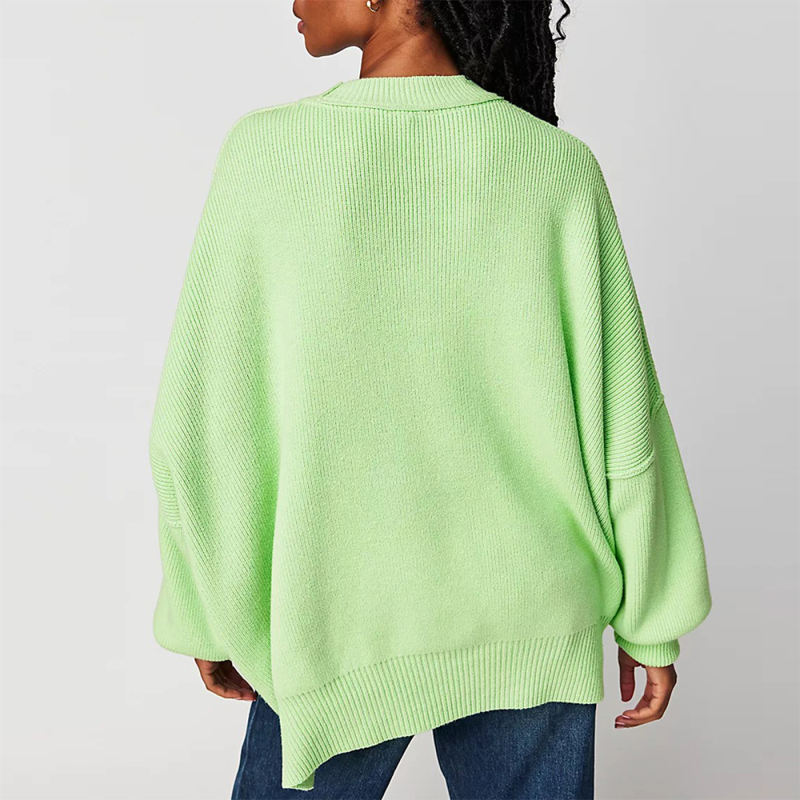 Green Crew Neck Pullover Slit Knit Sweater