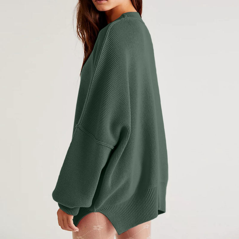 Dark Green Crew Neck Pullover Slit Knit Sweater