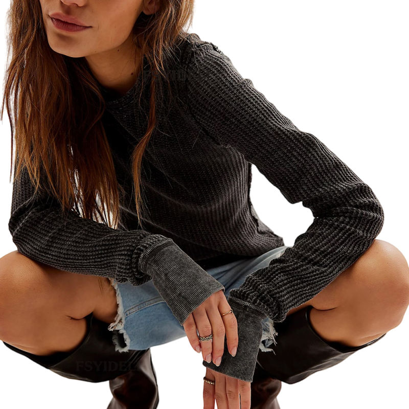 Black Solid Color Slim Fit Long Sleeve Tops
