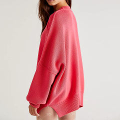 Watermelon Red Crew Neck Pullover Slit Knit Sweater