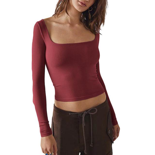 Wine Red Square Neck Long Sleeve Crop Tops