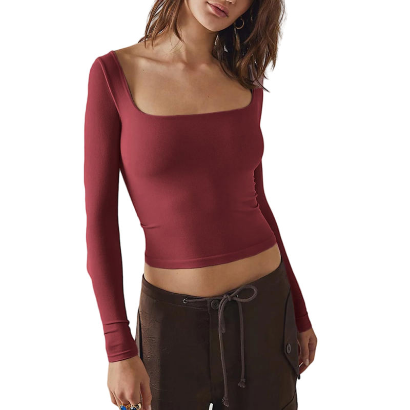 Wine Red Square Neck Long Sleeve Crop Tops