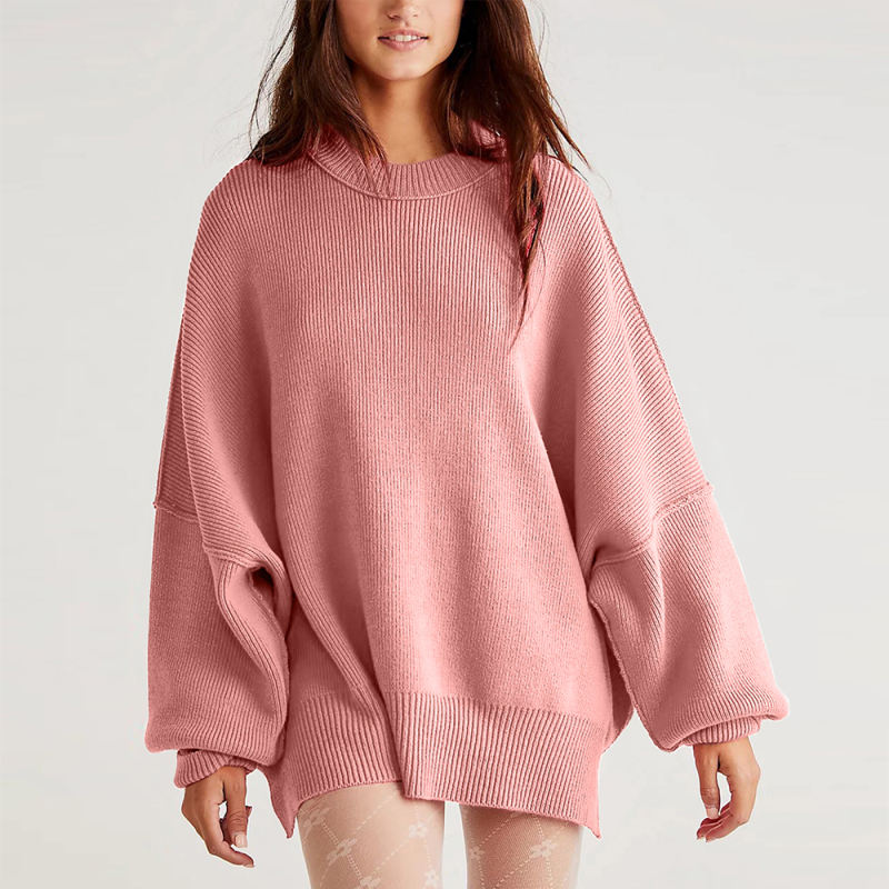 Pink Crew Neck Pullover Slit Knit Sweater