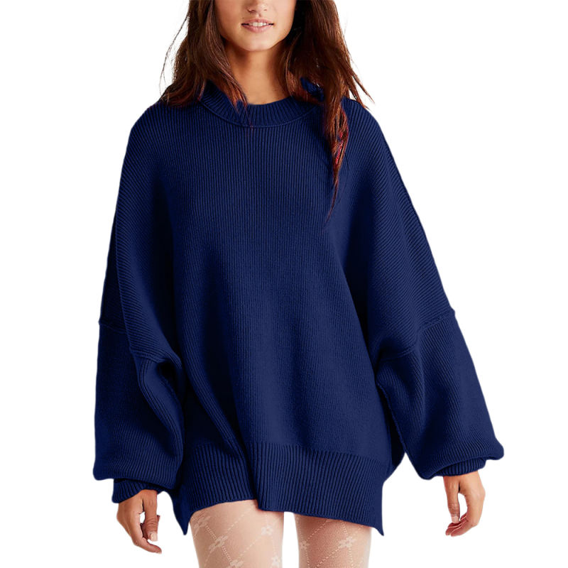 Dark Blue Crew Neck Pullover Slit Knit Sweater