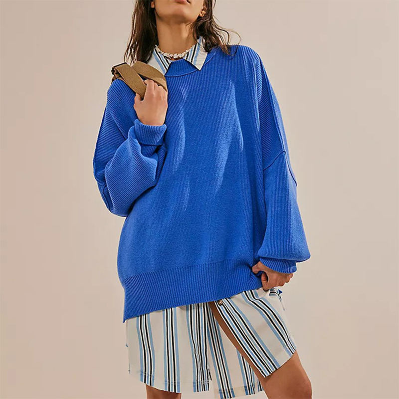 Blue Crew Neck Pullover Slit Knit Sweater