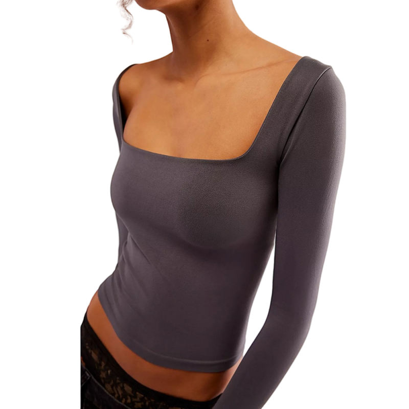 Grey-purple Square Neck Long Sleeve Crop Tops