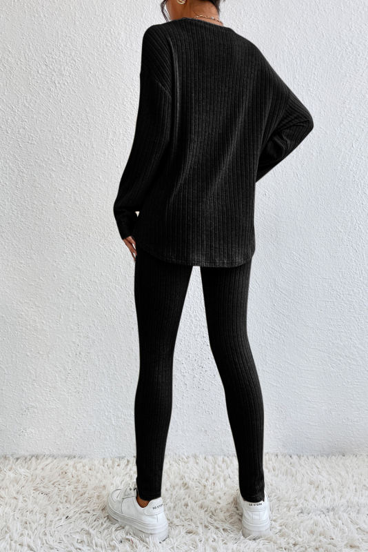Black Ribbed Knit Loose Long Sleeve Top Skinny Pants Set