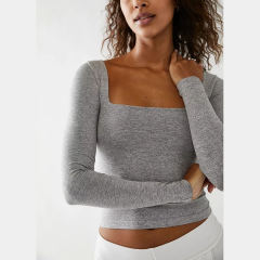 Grey Square Neck Long Sleeve Crop Tops