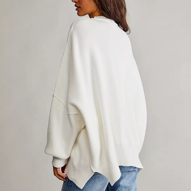 White Crew Neck Pullover Slit Knit Sweater