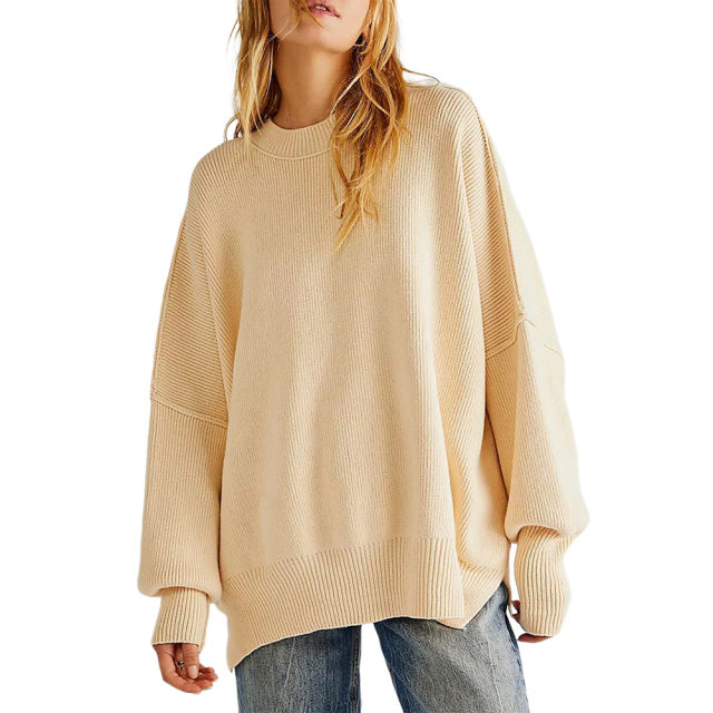 Apricot Crew Neck Pullover Slit Knit Sweater