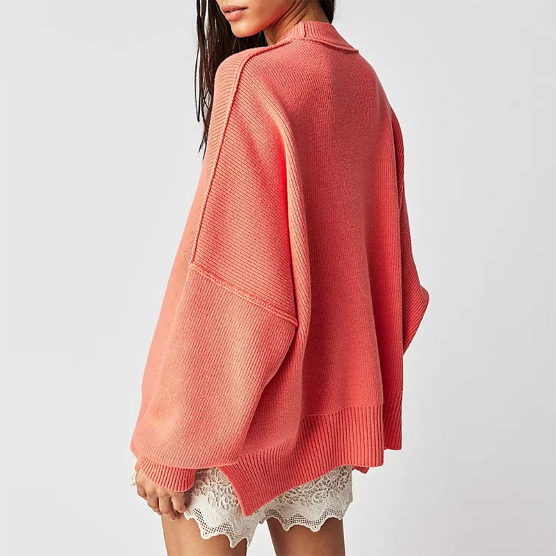 Orange Crew Neck Pullover Slit Knit Sweater