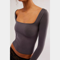 Grey-purple Square Neck Long Sleeve Crop Tops