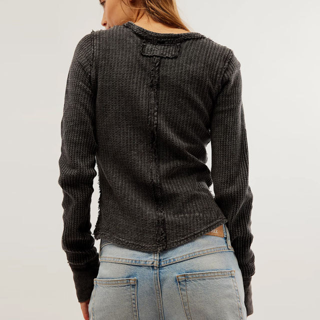 Black Solid Color Slim Fit Long Sleeve Tops