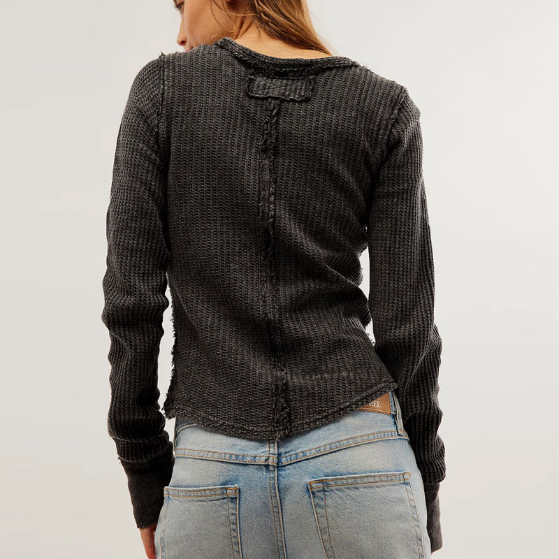 Black Solid Color Slim Fit Long Sleeve Tops