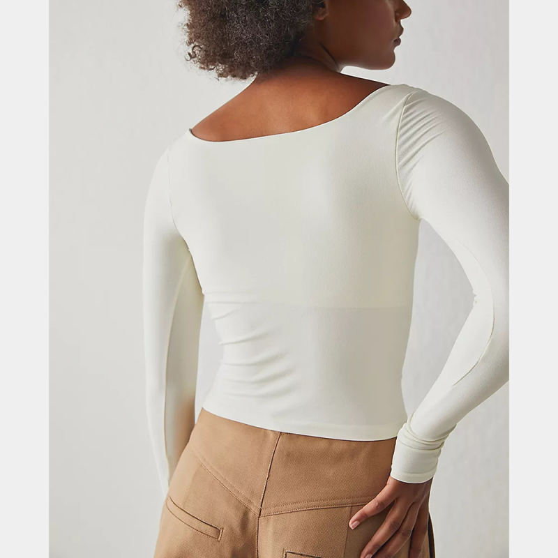 White Square Neck Long Sleeve Crop Tops