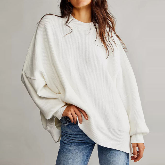 White Crew Neck Pullover Slit Knit Sweater