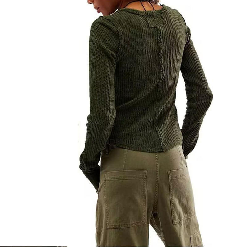 Green Solid Color Slim Fit Long Sleeve Tops