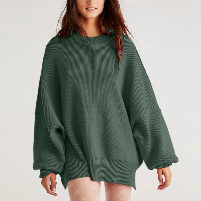 Dark Green Crew Neck Pullover Slit Knit Sweater