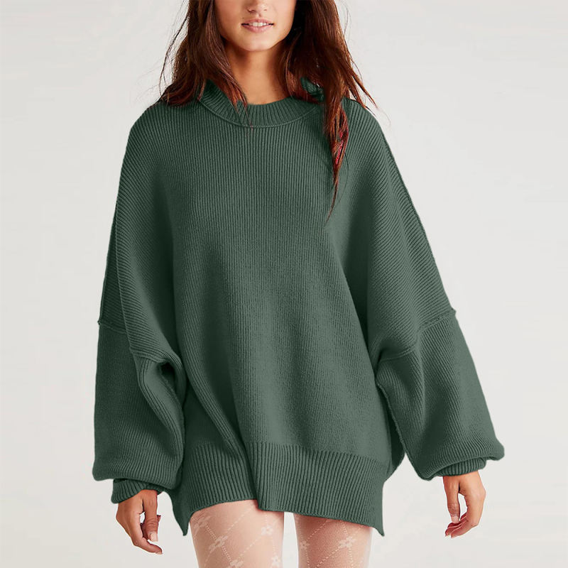 Dark Green Crew Neck Pullover Slit Knit Sweater
