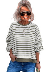 Laurel Green Striped Drop Shoulder Contrast Splicing Top