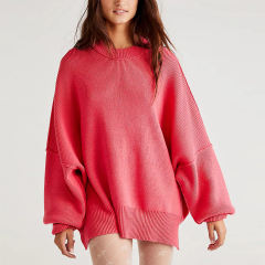 Watermelon Red Crew Neck Pullover Slit Knit Sweater
