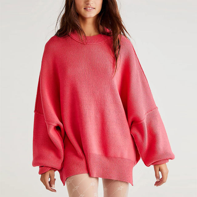Watermelon Red Crew Neck Pullover Slit Knit Sweater