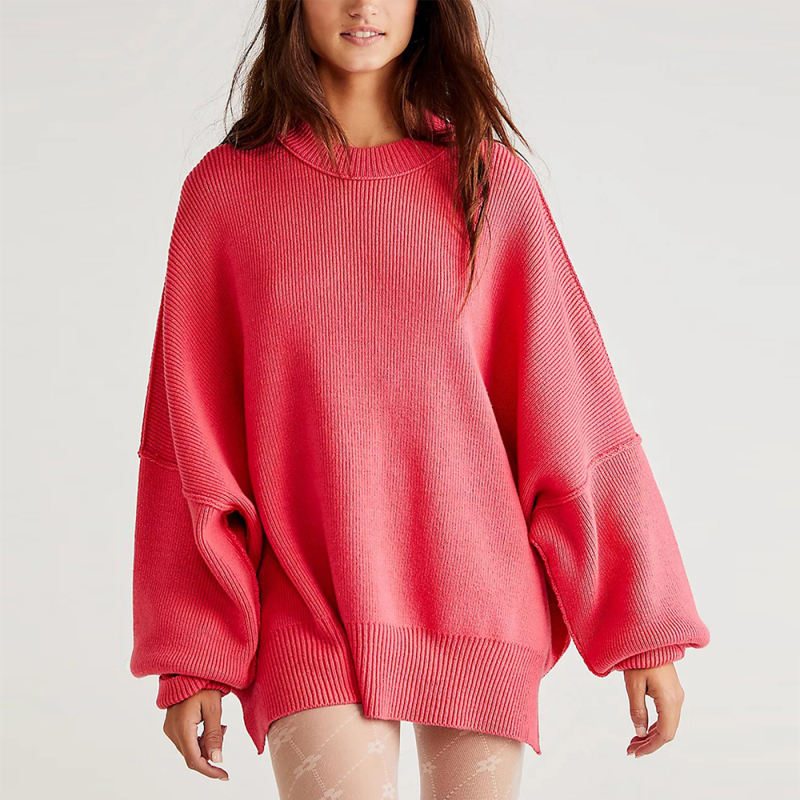 Watermelon Red Crew Neck Pullover Slit Knit Sweater