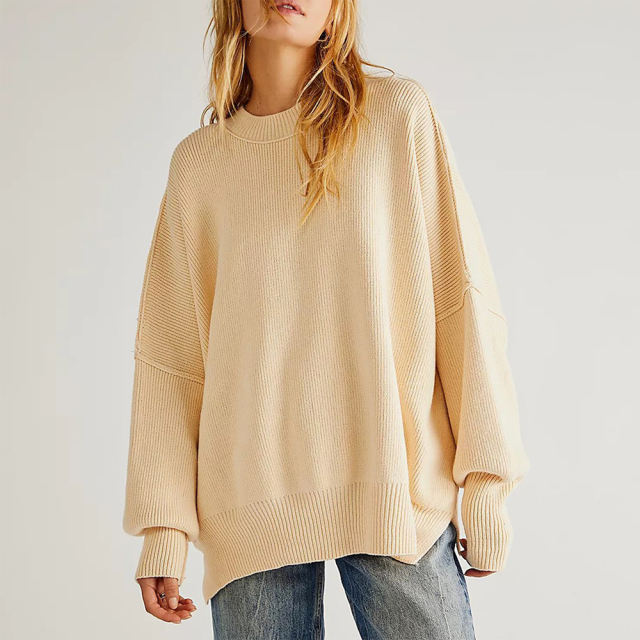 Apricot Crew Neck Pullover Slit Knit Sweater