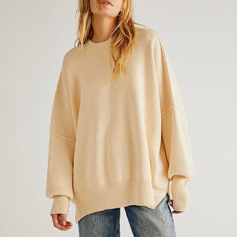 Apricot Crew Neck Pullover Slit Knit Sweater