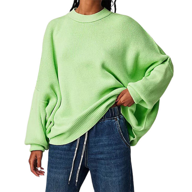Green Crew Neck Pullover Slit Knit Sweater