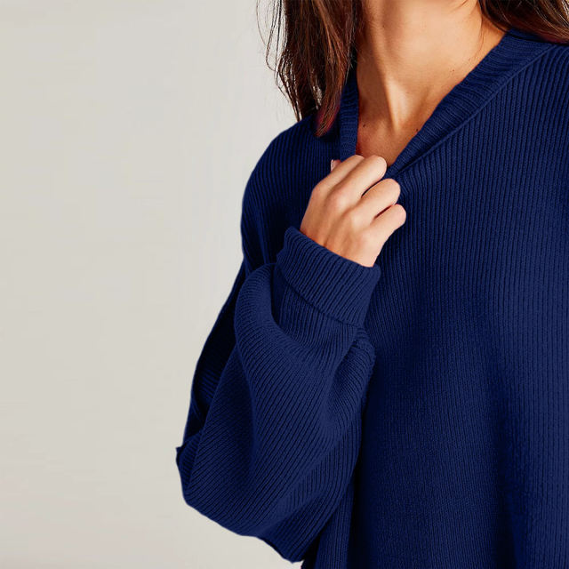 Dark Blue Crew Neck Pullover Slit Knit Sweater