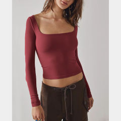 Wine Red Square Neck Long Sleeve Crop Tops