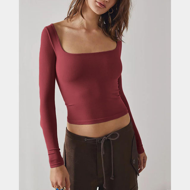 Wine Red Square Neck Long Sleeve Crop Tops