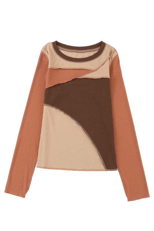 Brown Expose Seam Color Block Ribbed Knit Top