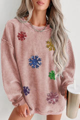Pink Sequin Snowflake Corded Drop Shoulder Sweatshirt