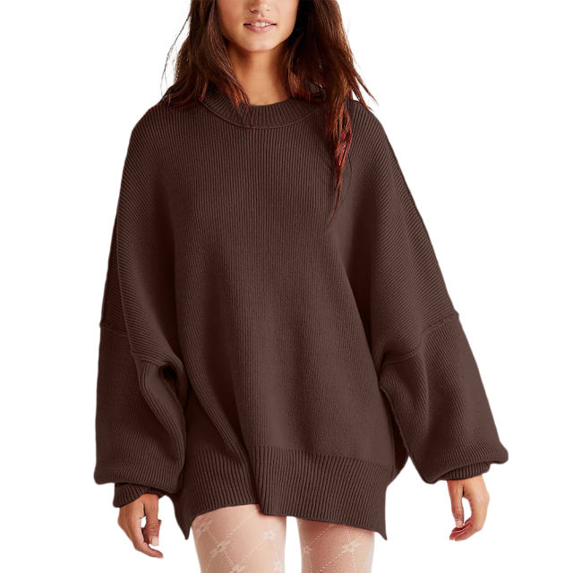 Coffee Crew Neck Pullover Slit Knit Sweater