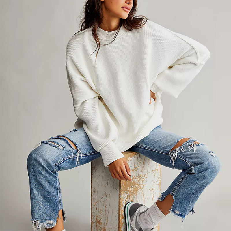 White Crew Neck Pullover Slit Knit Sweater