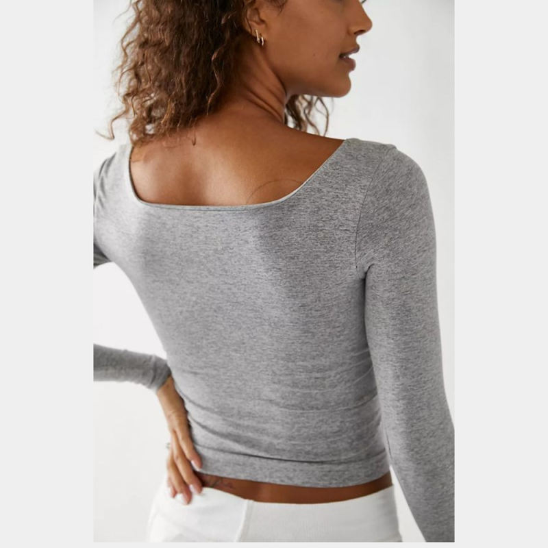 Grey Square Neck Long Sleeve Crop Tops