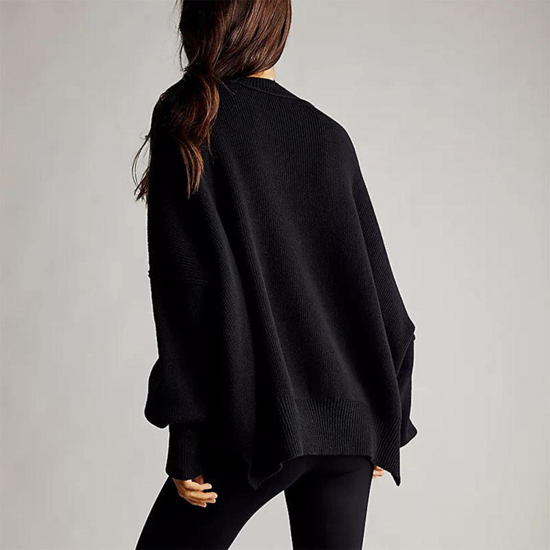 Black Crew Neck Pullover Slit Knit Sweater