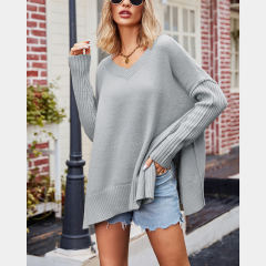 Grey V Neck Knit Pullover Oversize Sweater