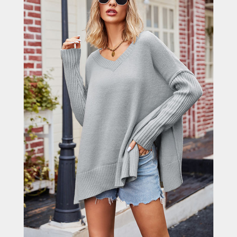 Grey V Neck Knit Pullover Oversize Sweater