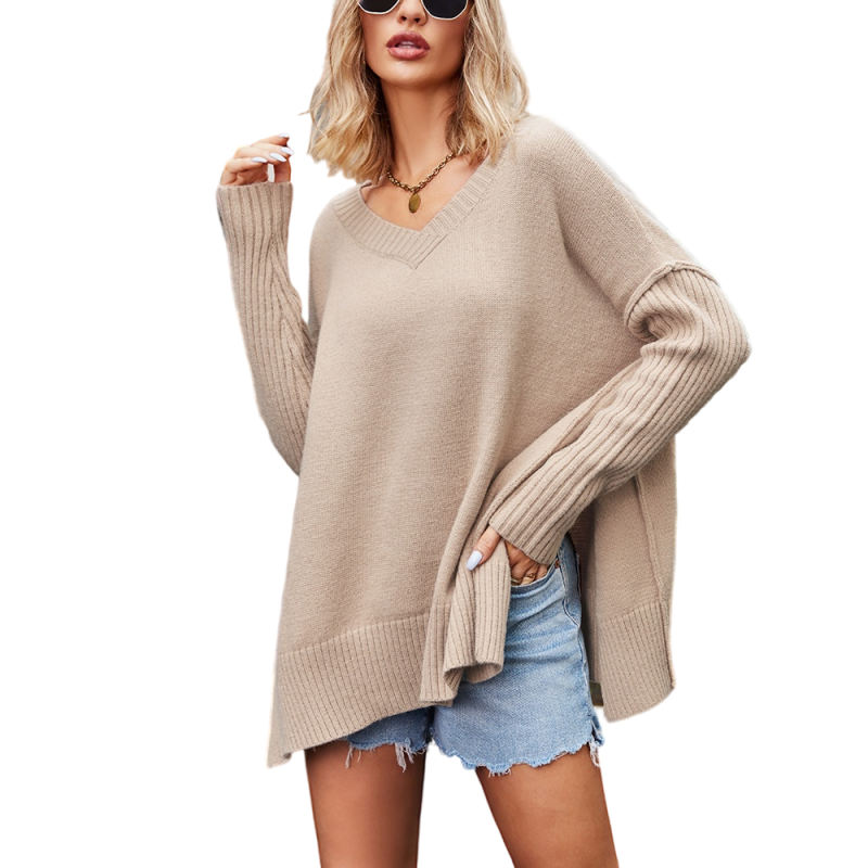 Khaki V Neck Knit Pullover Oversize Sweater